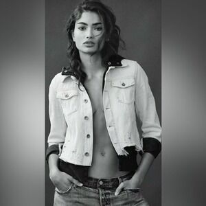 RARE Free People Double Weave Denim‎ Jacket Hoodie Distressed Layered Boho Small